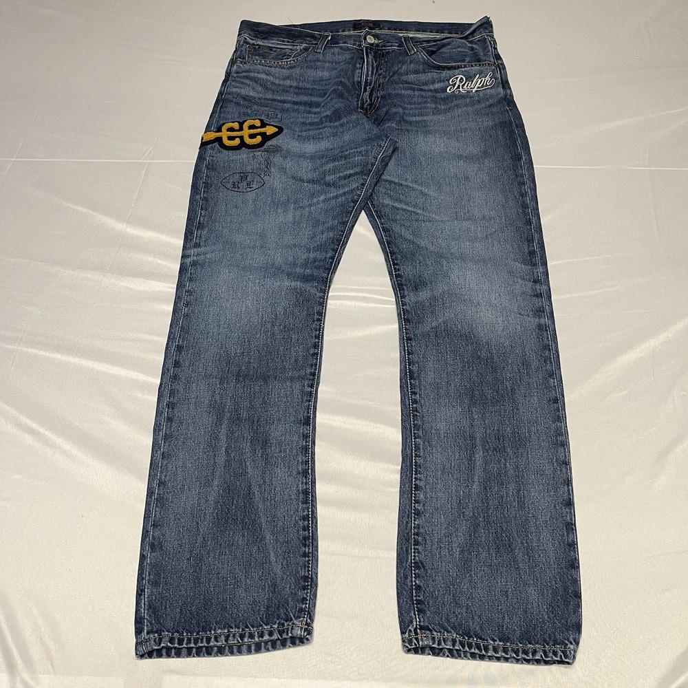 Polo Ralph Lauren Varick Slim Straight Jeans Mens Size 34x32 Varsity Patch